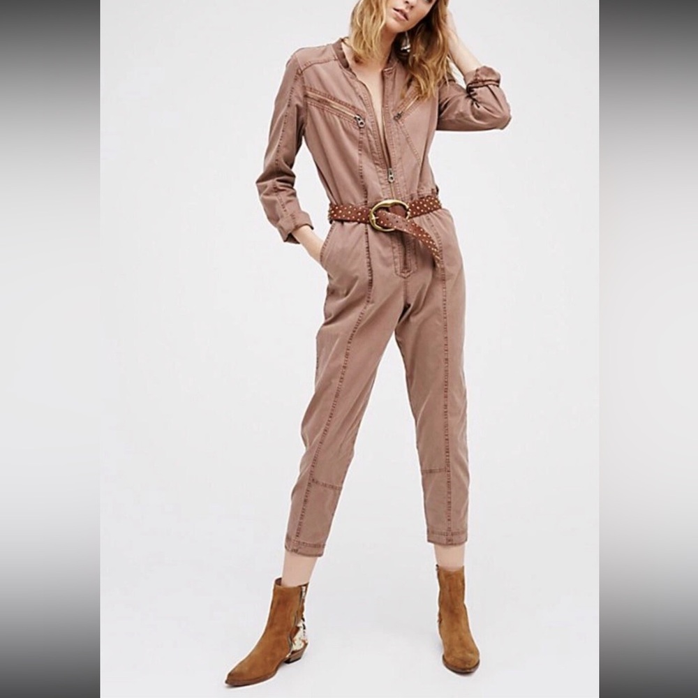 EC Free People NSF Canvas Mechanic Zip Oversized Jumpsuit Coveralls Brown Size 6